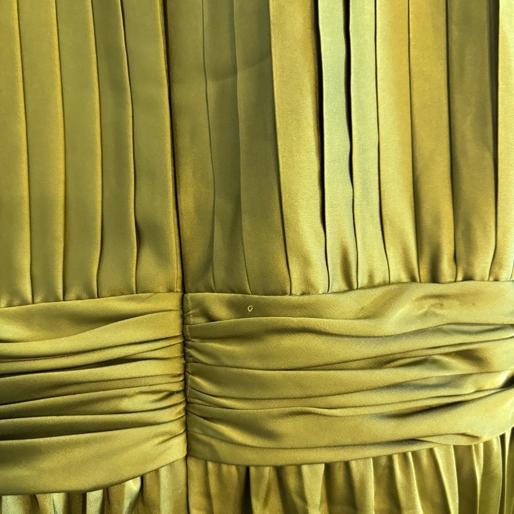 Mac Duggal Satin Pleated Olive Green Halter Dress - Picture 7 of 9
